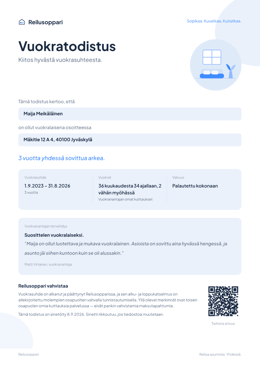 Vuokratodistus: vuokrasuhteen kesto, vuokranmaksu, vakuus, vuokranantajan tervehdys ja tarkistuskoodi.